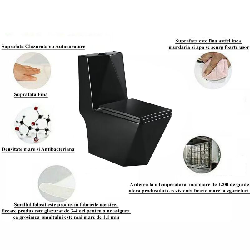 Vas WC Enrico, SifonFlush, Negru Mat, Power color, 68x37 cm, Rezervor Inclus, montaj podea, capac cu soft-close inclus