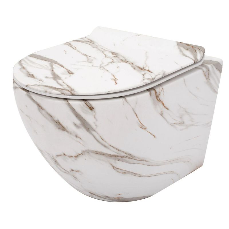 Vas Wc, finisaj marmura, Rimless, 49x37 cm, montaj suspendat, capac cu Soft-Close, ceramica sanitara, Ben