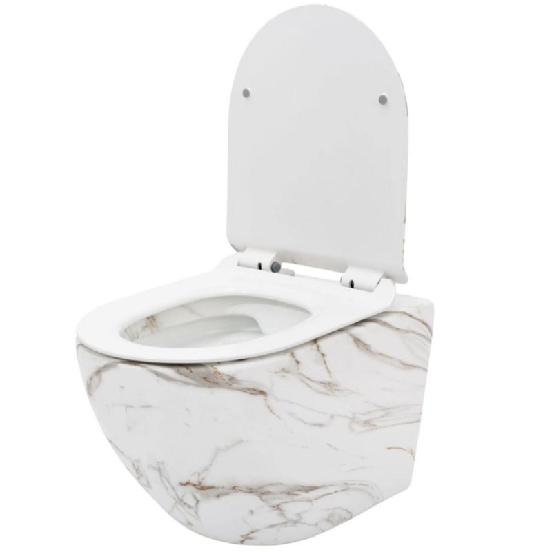 Vas Wc, finisaj marmura, Rimless, 49x37 cm, montaj suspendat, capac cu Soft-Close, ceramica sanitara, Ben