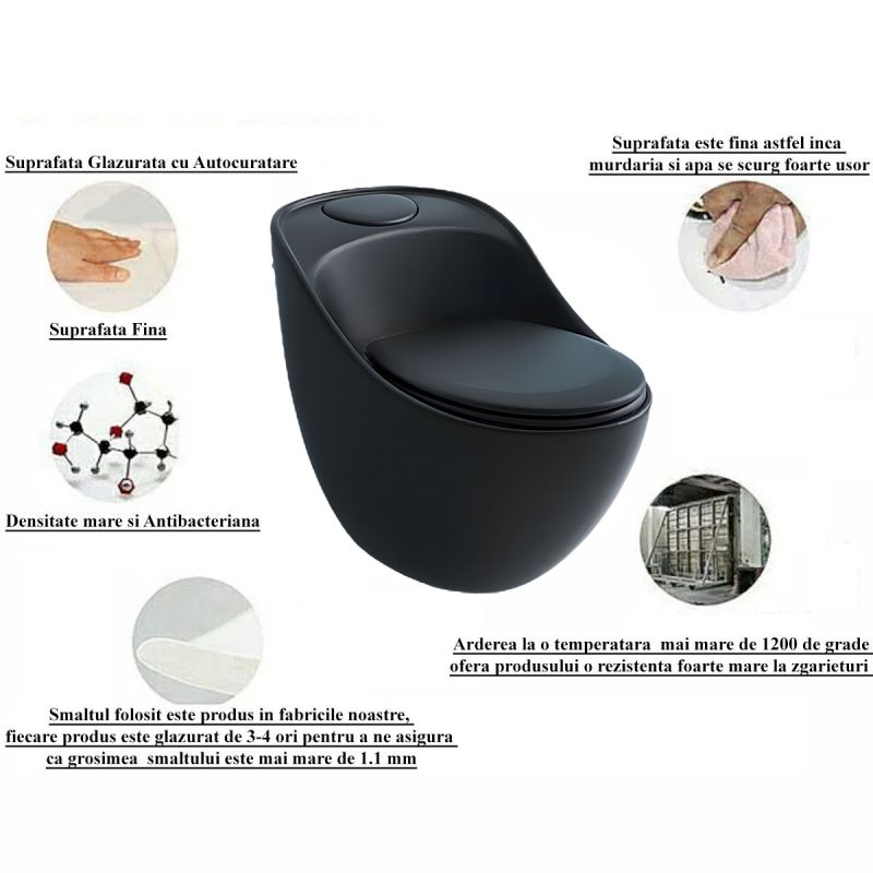 Vas WC New Santa Rimless, 69x46 cm, Rezervor Incorporat, Negru Mat, Power Colour, montaj podea, capac cu soft-close inclus