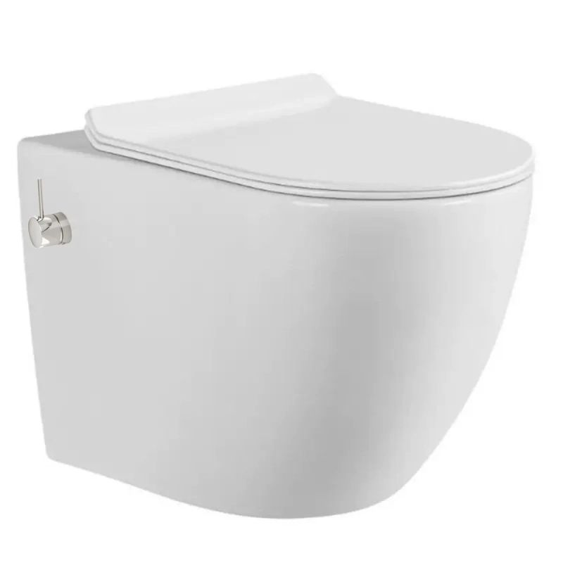 Vas wc Resigilat, Rimless, Taharet, baterie apa calda/rece, Alb, montaj suspendat, capac Soft-Close, 55x36 cm, Angi