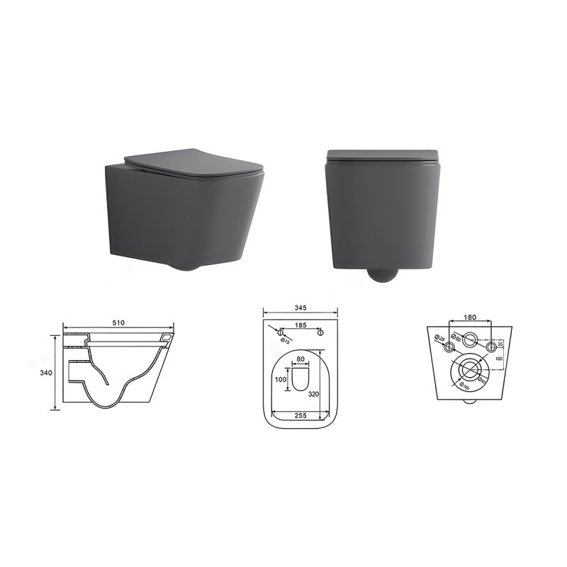 Vas WC Rimless, Gri Mat, Power Color,  montaj suspendat, capac duroplast slim soft-close inclus, Alfonso