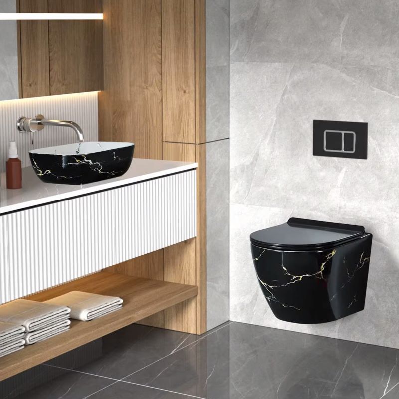 Vas wc, Rimless, montaj suspendat, 48x37 cm, capac duroplast, Negru Auriu Marble, Ben