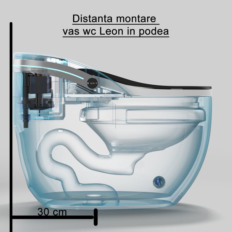 Vas wc smart, functie de bideu, dezinfectare UV, afisaj Led, functii avansate, montaj pe podea, 74x46 cm, Alb, Leon