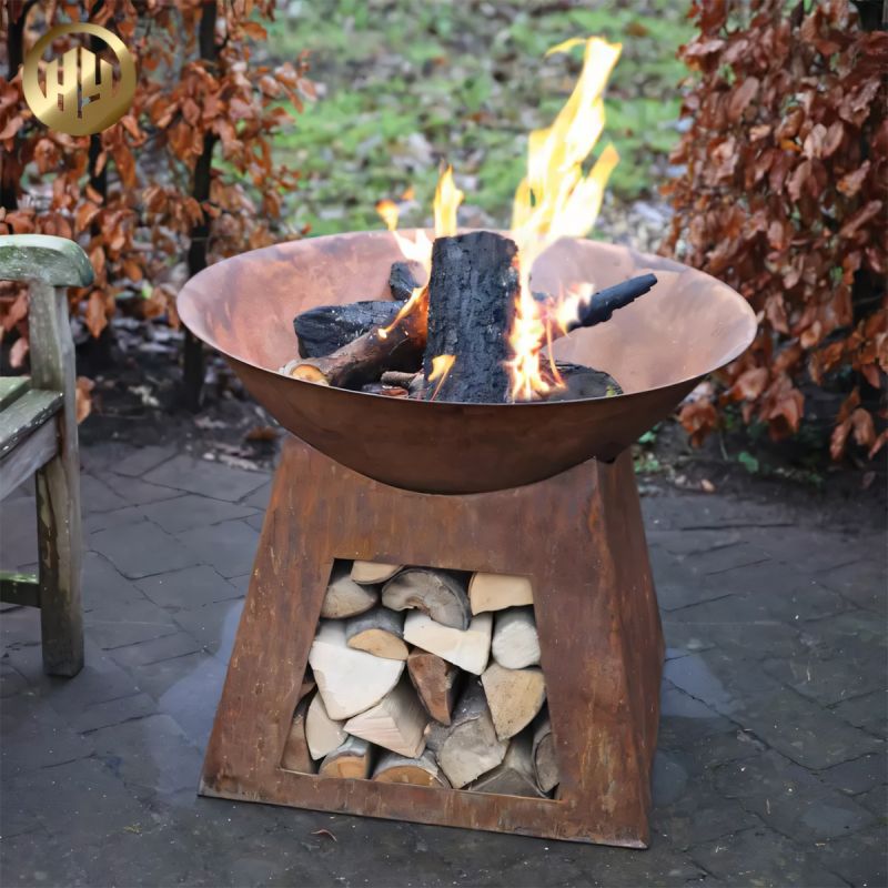 Vatra de foc, otel corten de 2.5 cm, suport  lemne, dia 80 x H 70 cm, Vulcanis